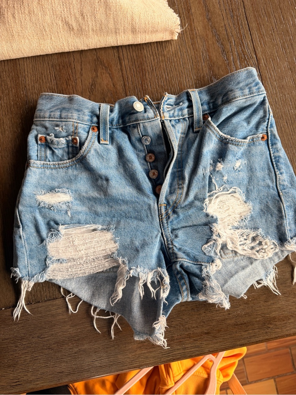 Levi's Light Blue Ripped Denim Button-Front Shorts
